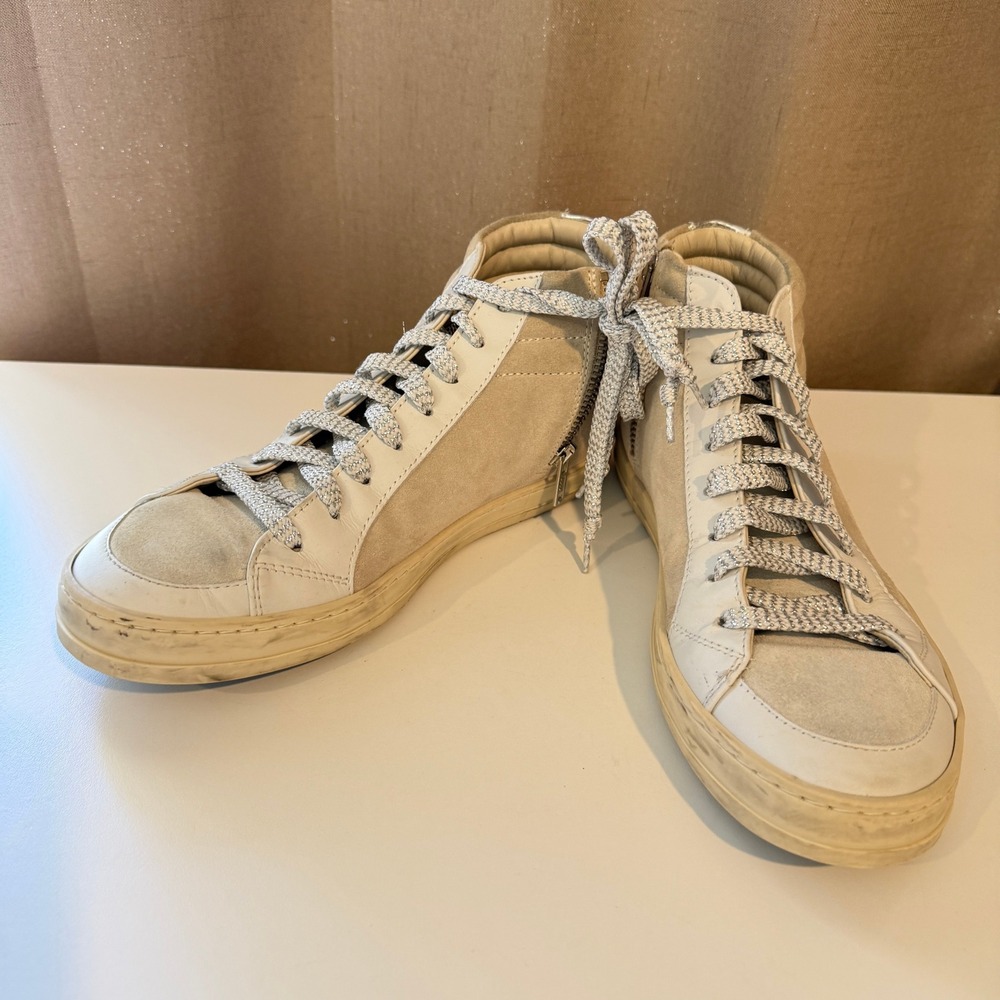 P448 Star Skate Womens Beige Suede White Leather High Top Sneakers Silver